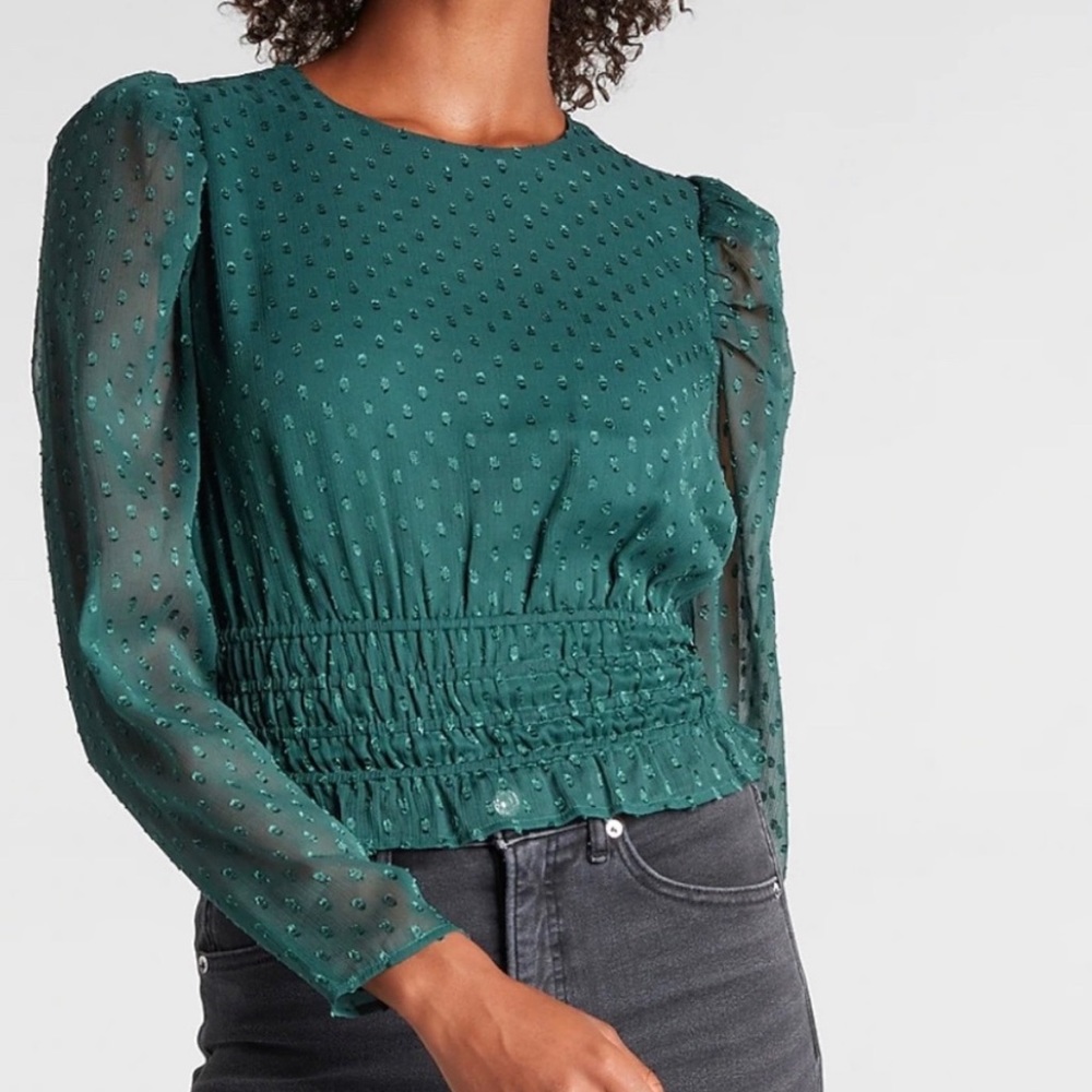 Express Emerald Green Polka Dot Long Sleeve Blouse Top